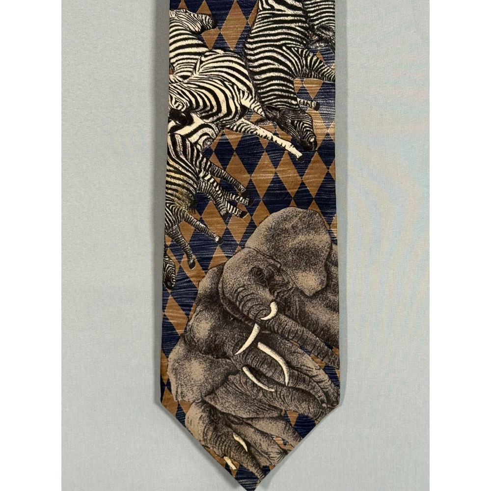 Endangered Species 100% Silk Tie Made‎ in The USA Vintage Elephant & Zebra Blue